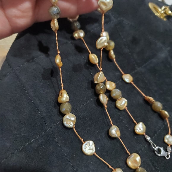 Labradorite Champagne Pearl Beads Sterling Silver Clasp Long 30" Necklace - Picture 7 of 10